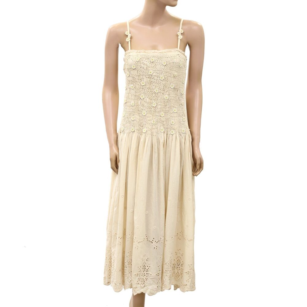 Free People Daphne Midi Dress Smocked Floral Embroidered Eyelet Ruffle S 289448 - Picture 5 of 9